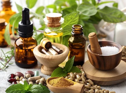 Huiles essentielles, herbes médicinales, capsules et poudres sur une surface en bois à Montgiscard en Haute-Garonne 31